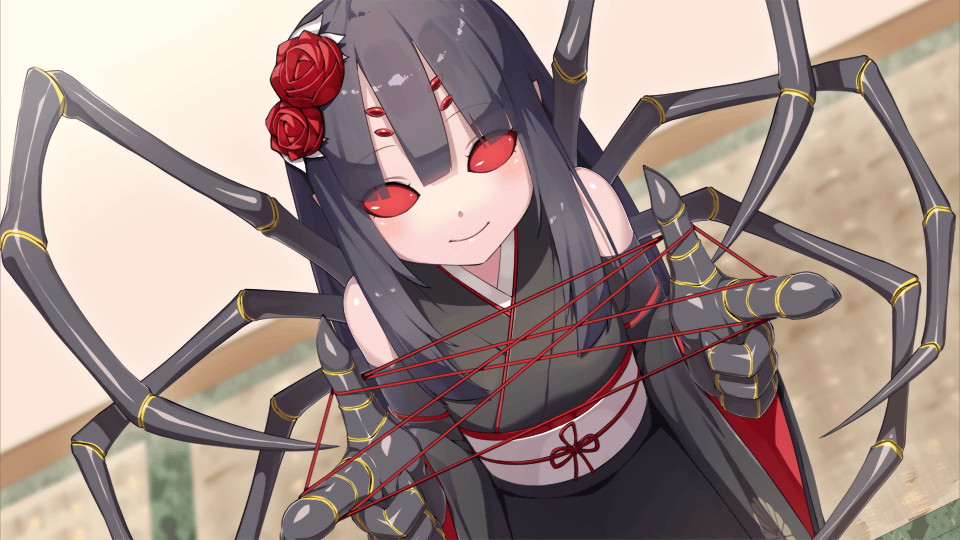 1girl arthropod_girl arthropod_limbs artist_request bare_shoulders black_hair black_kimono blunt_bangs carapace cat's_cradle detached_sleeves extra_ears flower game_cg hair_flower hair_ornament japanese_clothes kimono komachi_(monster_musume) long_hair looking_at_viewer monster_musume_no_iru_nichijou monster_musume_no_iru_nichijou_online obi official_art red_eyes red_flower sash smile solid_eyes solo spider_girl wide_sleeves