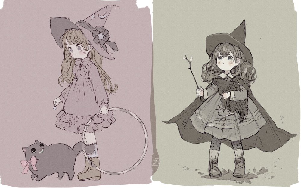 bird black_hair blush boots bow brown_hair cat cloak closed_mouth commentary_request dress fairyapple full_body grey_eyes hat long_hair long_sleeves multiple_girls original russian_commentary simple_background sketch smile witch_hat