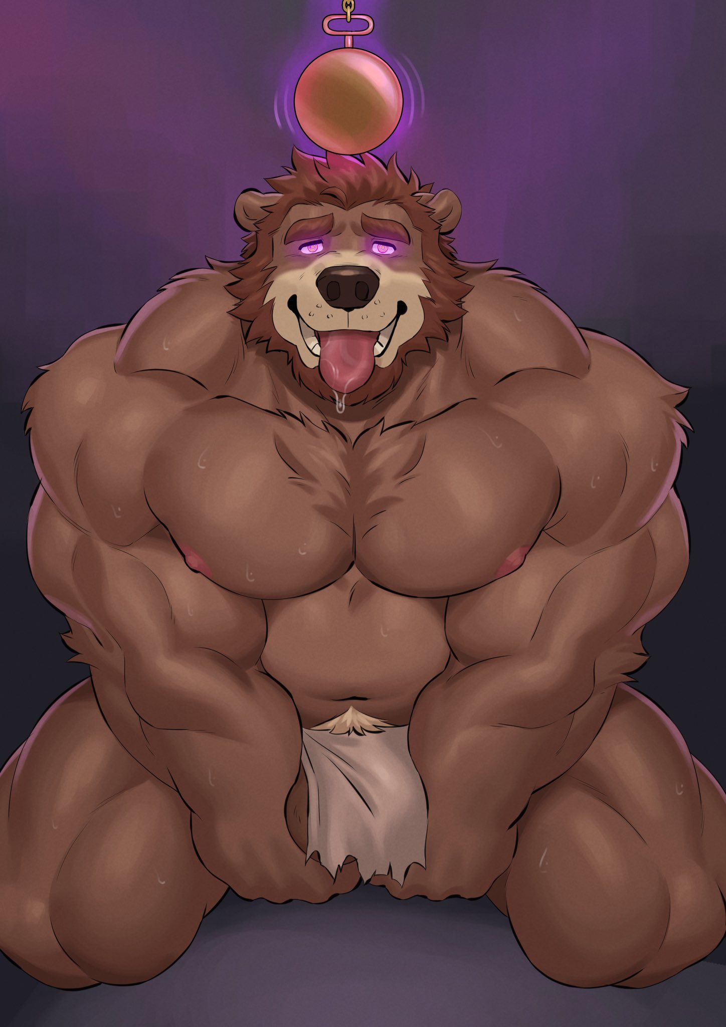 2023 adios anthro balls bear beard biceps bodily_fluids brown_bear brown_body brown_fur brown_hair claythebear clock deltoids facial_hair flexor_carpi fur genitals glowing glowing_eyes grizzly_bear hair hi_res hypnosis hypnotic_eyes kneeling male mammal mind_control musclegut muscular muscular_anthro muscular_male nipples nude on_ground open_mouth pecs penis pocketwatch pubes purple_eyes saliva solo sweat tongue tongue_out triceps ursine vein watch