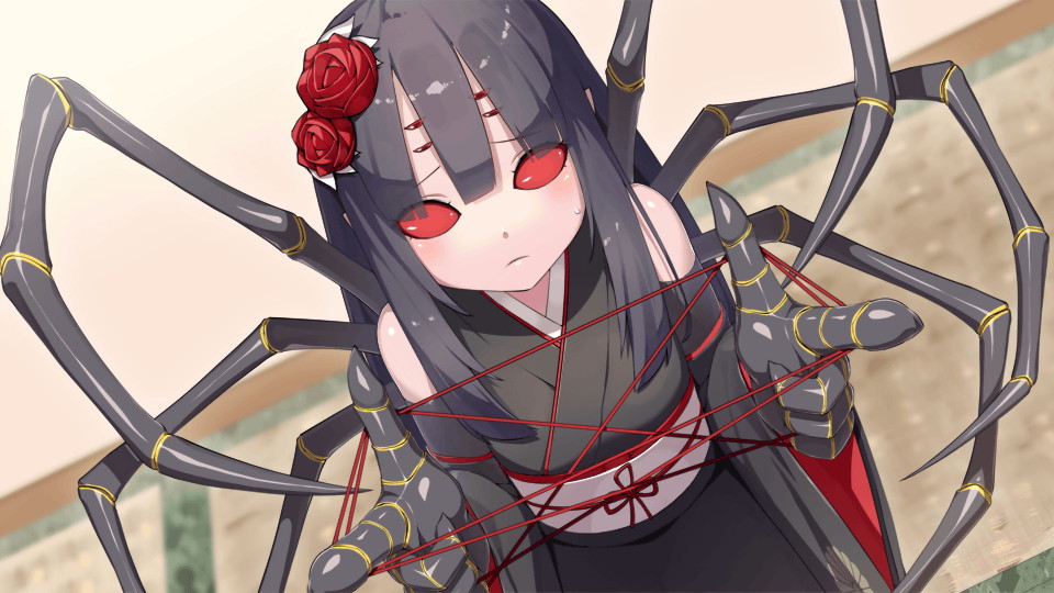 1girl arthropod_girl arthropod_limbs artist_request bare_shoulders black_hair black_kimono blunt_bangs carapace cat's_cradle detached_sleeves extra_ears flower frown game_cg hair_flower hair_ornament japanese_clothes kimono komachi_(monster_musume) long_hair looking_at_viewer monster_musume_no_iru_nichijou monster_musume_no_iru_nichijou_online obi official_art red_eyes red_flower sash solid_eyes solo spider_girl wide_sleeves