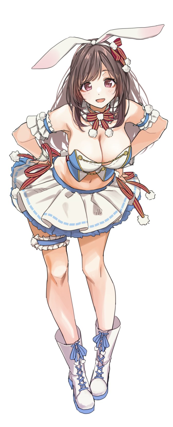 1girl arm_garter blush boots breasts bridal_garter brown_eyes brown_hair cleavage crop_top cross-laced_footwear detached_collar full_body hair_ribbon hairband hands_on_own_hips high_heel_boots high_heels highres idolmaster idolmaster_shiny_colors large_breasts leaning_to_the_side long_hair looking_at_viewer navel open_mouth pekoni_(peconi) pleated_skirt red_ribbon ribbon sidelocks skirt solo tsukioka_kogane white_background white_footwear white_hairband white_skirt