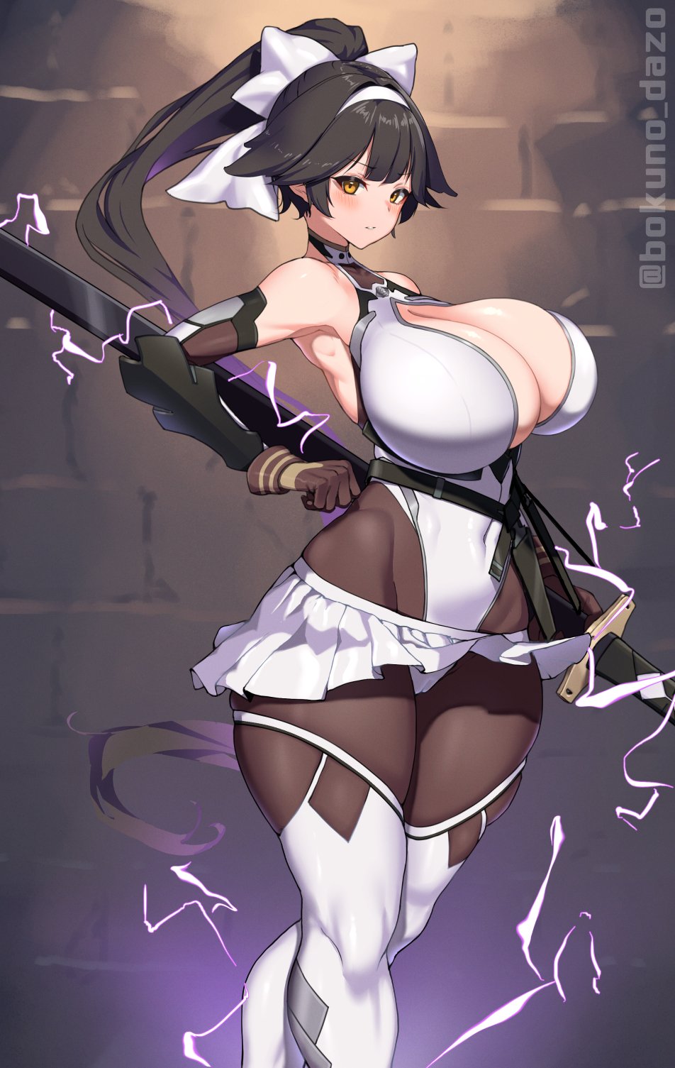 1girl azur_lane bare_shoulders bodysuit bokuno bow breasts brown_hair cleavage cleavage_cutout clothing_cutout covered_navel elbow_gloves electricity gloves hair_bow hair_ears highres holding holding_sheath huge_breasts long_hair miniskirt official_alternate_costume pleated_skirt ponytail ribbon sheath skindentation skirt sword sword_behind_back takao_(azur_lane) takao_(divine_exorcist's_blade)_(azur_lane) very_long_hair weapon white_ribbon white_skirt yellow_eyes