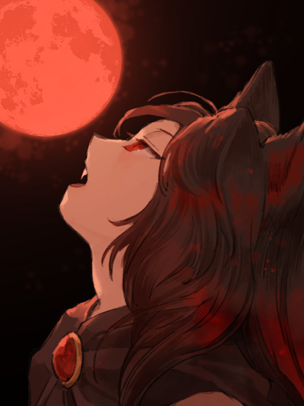 1girl animal_ears brooch brown_hair dress fang from_side full_moon highres imaizumi_kagerou jewelry kaigen_1025 long_hair looking_up moon open_mouth portrait profile red_eyes red_moon solo touhou white_dress wolf_ears