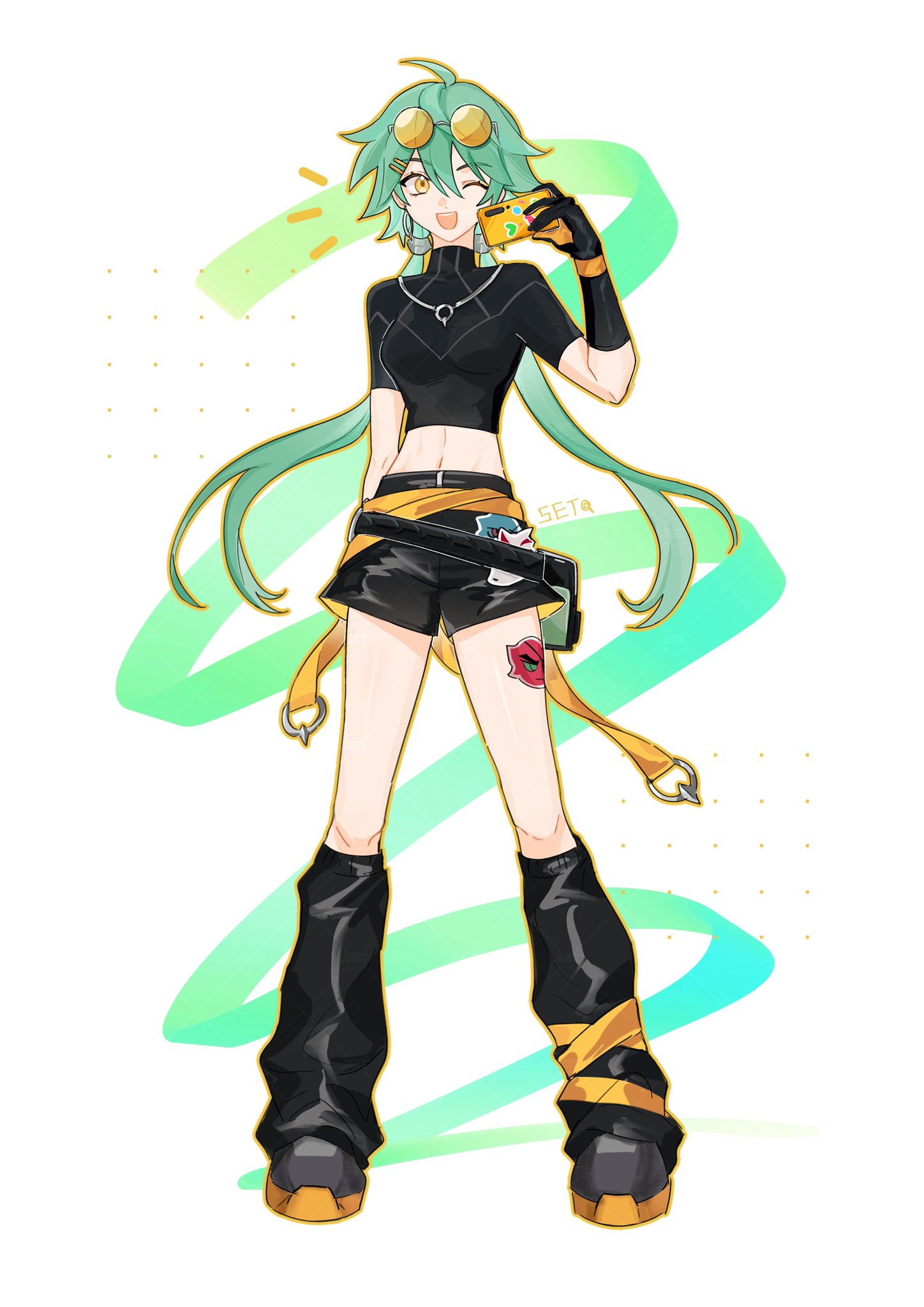 1girl ;d ahoge artist_name black_footwear black_shirt black_shorts breasts ezreal genderswap genderswap_(mtf) green_hair heartsteel_ezreal highres holding holding_phone league_of_legends long_hair looking_at_viewer low_twintails medium_breasts mizilone navel notice_lines one_eye_closed orange-tinted_eyewear phone shirt shorts smile solo stomach sunglasses tinted_eyewear twintails white_background