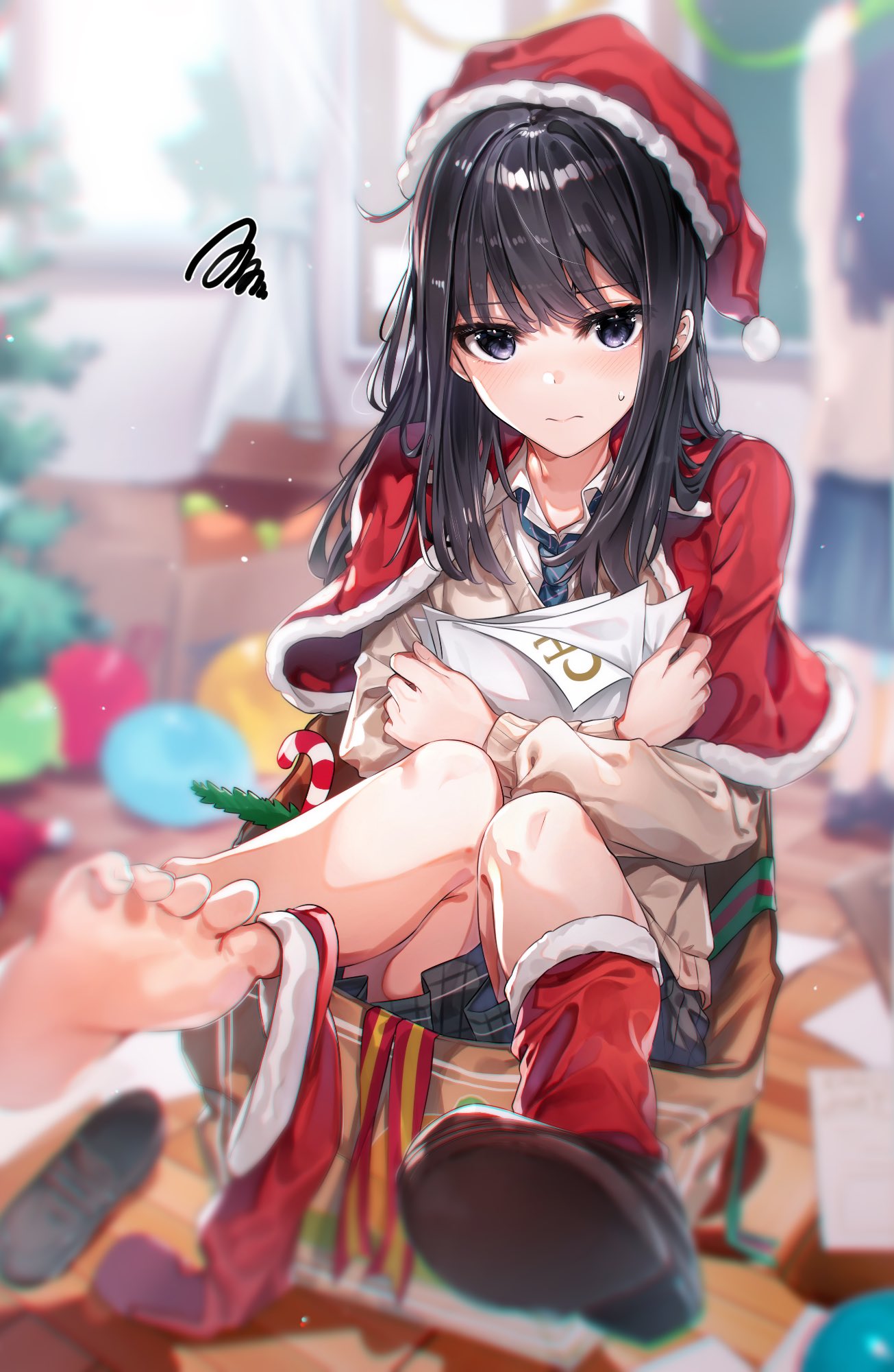 1girl 3: black_hair blue_eyes blue_necktie blue_skirt blurry blurry_background box brown_cardigan brown_footwear capelet cardigan christmas christmas_tree closed_mouth collared_shirt commentary_request day fur-trimmed_capelet fur-trimmed_headwear fur-trimmed_socks fur_trim furrowed_brow gift gift_box hat highres holding holding_paper in_box in_container indoors kurokuro_illust light_blush loafers long_hair long_sleeves looking_at_viewer necktie nervous original paper plaid plaid_skirt pleated_skirt red_capelet red_headwear red_socks santa_hat school_uniform shirt shoes single_barefoot sitting skirt socks solo squiggle sweatdrop unworn_footwear white_shirt window