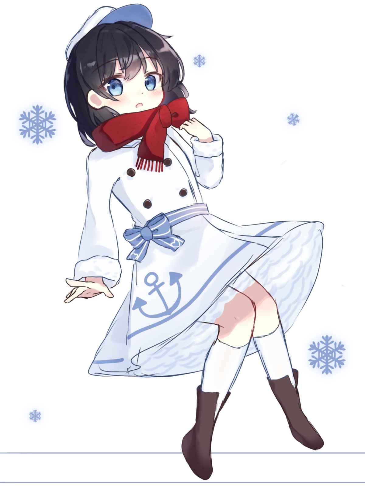 1girl 8tpaiijk8rucfuo adapted_costume anchor_print anchor_symbol black_hair blue_eyes buttons coat double-breasted highres murasa_minamitsu red_scarf scarf short_hair sketch snowflakes solo touhou white_background white_coat white_headwear