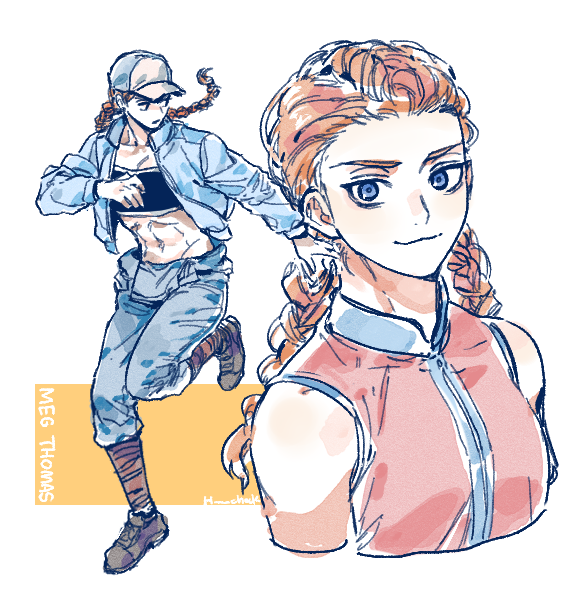 1girl bandeau baseball_cap black_bandeau blue_eyes blue_jacket blue_pants boots braid character_name commentary_request dead_by_daylight hat jacket korean_commentary low_twin_braids meg_thomas orange_hair pants red_vest smile tongchock twin_braids twitter_username vest