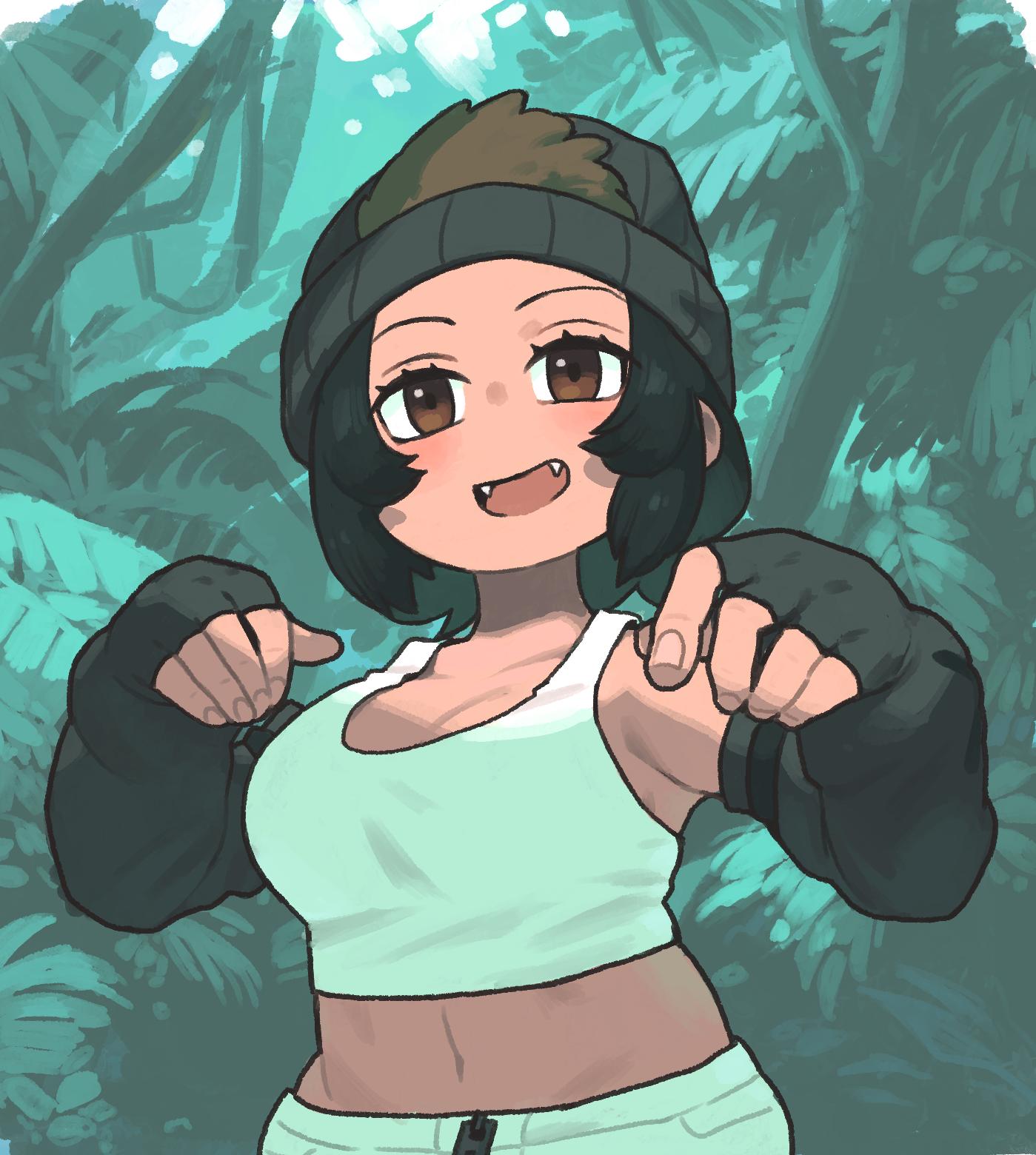 1girl arms_up beanie bell_(hellchan3) black_hair breasts brown_eyes brown_hair cleavage day elbow_gloves eyelashes fangs fingerless_gloves fingernails gloves hair_through_headwear hat highres kemono_friends looking_at_viewer medium_breasts medium_hair midriff multicolored_hair navel open_mouth outdoors pants smile solo stomach tan tank_top two-tone_hair upper_body western_lowland_gorilla_(kemono_friends) white_pants white_tank_top zipper_pull_tab