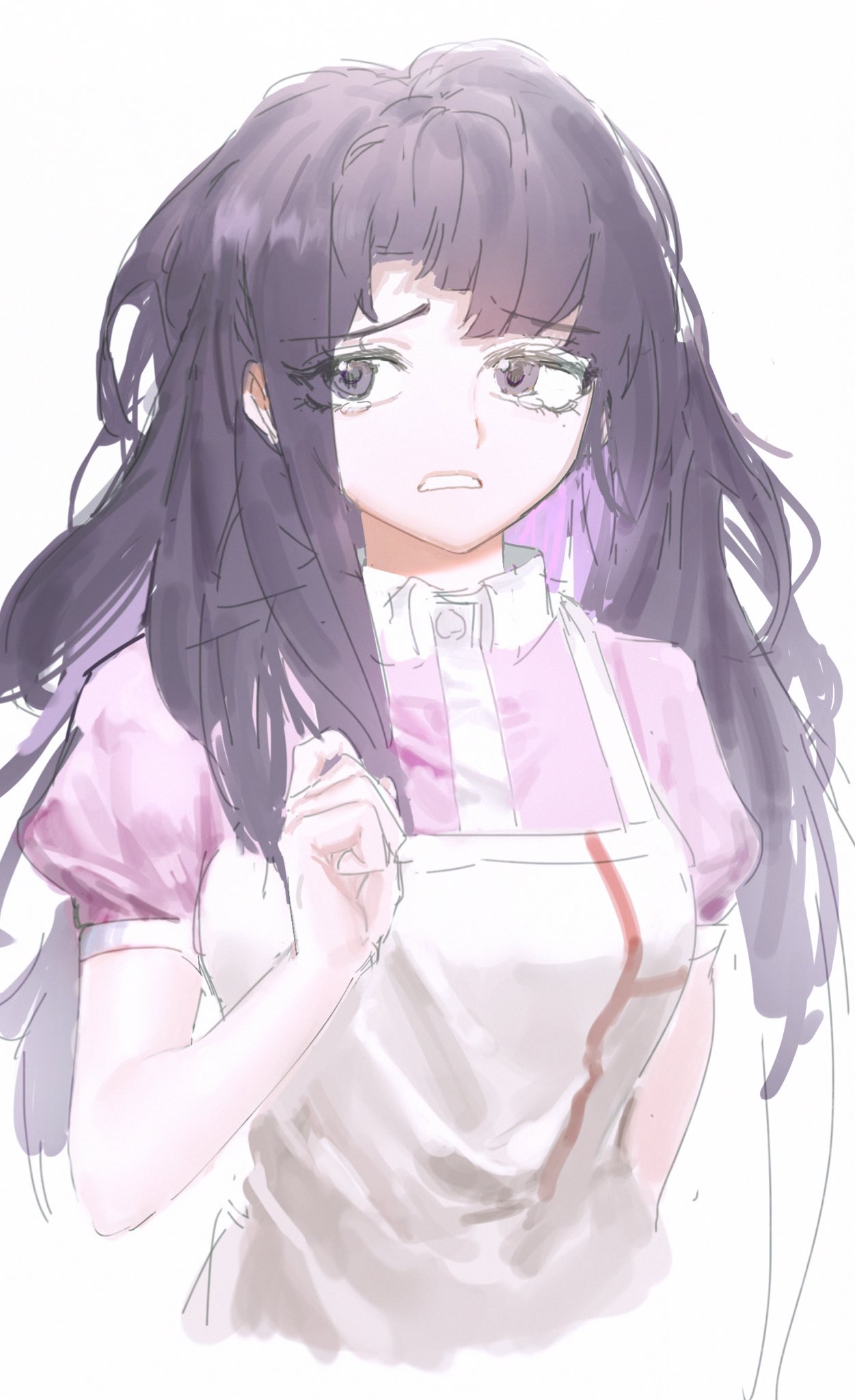 1girl apron black_eyes black_hair breasts collared_shirt cropped_torso d: danganronpa_(series) danganronpa_2:_goodbye_despair haembeogeo hand_up highres large_breasts long_hair pink_shirt puffy_short_sleeves puffy_sleeves shirt short_sleeves solo teeth tsumiki_mikan two-tone_shirt white_apron