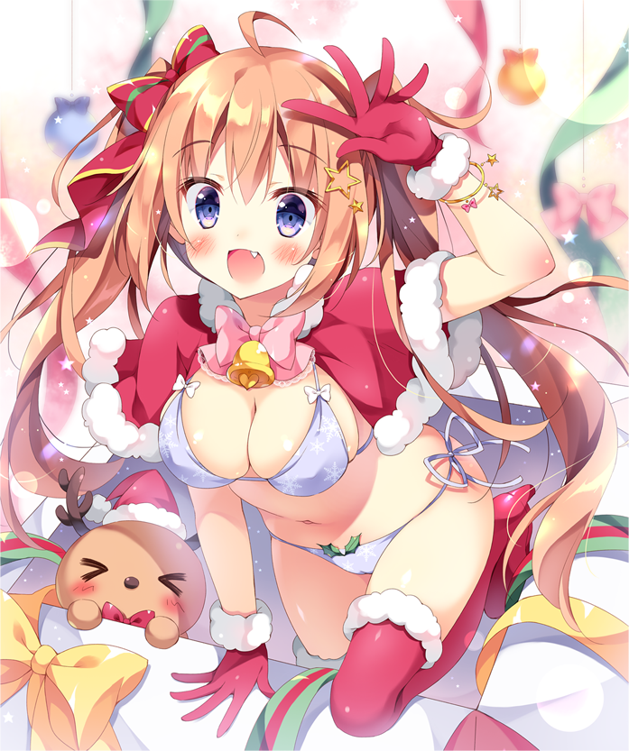 &gt;_&lt; :d ahoge bikini blue_eyes blush boots bow bowtie box bracelet breasts capelet christmas christmas_ornaments cleavage commentary_request eyebrows_visible_through_hair fang fur-trimmed_boots fur-trimmed_capelet fur-trimmed_gloves fur_trim gift gift_box gloves hair_ornament hair_ribbon hand_to_head hat high_heel_boots high_heels in_box in_container jewelry lavender_bikini leg_lift light_brown_hair long_hair looking_at_viewer medium_breasts navel neck_bell open_box open_mouth original pan_(mimi) pink_neckwear red_capelet red_footwear red_gloves red_neckwear red_ribbon reindeer ribbon santa_hat side-tie_bikini smile snowflake_print solo star star_hair_ornament striped striped_ribbon swimsuit thigh_boots thighhighs twintails yellow_ribbon