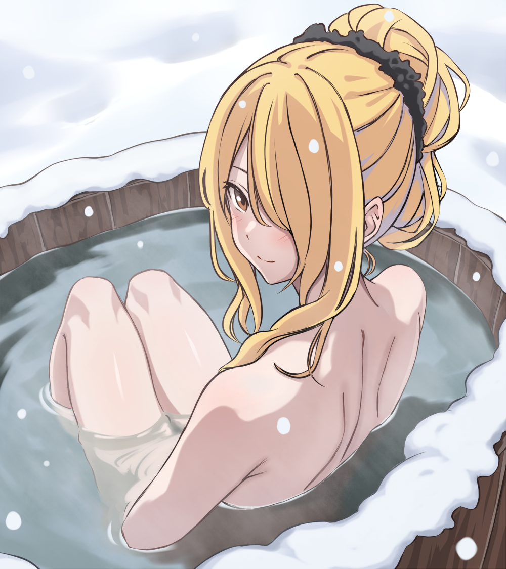 1girl alternate_hairstyle asairosora bath bathing blonde_hair blush brown_eyes closed_mouth cynthia_(pokemon) hair_ornament hair_over_one_eye hair_scrunchie hair_up long_hair looking_at_viewer nude partially_submerged pokemon pokemon_dppt scrunchie short_hair sitting smile snow solo water