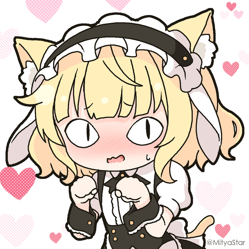 &lt;|&gt;_&lt;|&gt; 1girl animal_ear_fluff animal_ears black_hairband blonde_hair blush cat_ears cat_girl cat_tail chibi collared_shirt commentary_request dress_shirt fake_animal_ears fleur_de_lapin_uniform frilled_hairband frills gochuumon_wa_usagi_desu_ka? hairband hands_up heart heart_background kemonomimi_mode kirima_syaro mitya nose_blush open_mouth paw_pose puffy_short_sleeves puffy_sleeves rabbit_ears shirt short_sleeves simple_background solo sweat tail twitter_username uniform waitress wavy_mouth white_background white_shirt wrist_cuffs