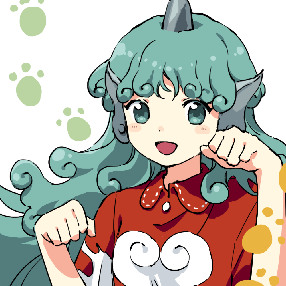 1girl blush cloud_print collared_shirt curly_hair green_eyes green_hair horns kaigen_1025 kariyushi_shirt komano_aunn long_hair looking_at_viewer open_mouth paw_print red_shirt shirt short_sleeves simple_background single_horn smile solo touhou upper_body white_background