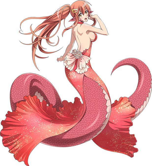 1girl artist_request back bare_shoulders blush breasts dress full_body game_cg hair_between_eyes hair_ornament hairclip lamia large_breasts long_hair looking_at_viewer miia_(monster_musume) monster_girl monster_musume_no_iru_nichijou monster_musume_no_iru_nichijou_online official_alternate_costume official_art pointy_ears ponytail red_dress red_hair red_scales scales solo tachi-e transparent_background yellow_eyes