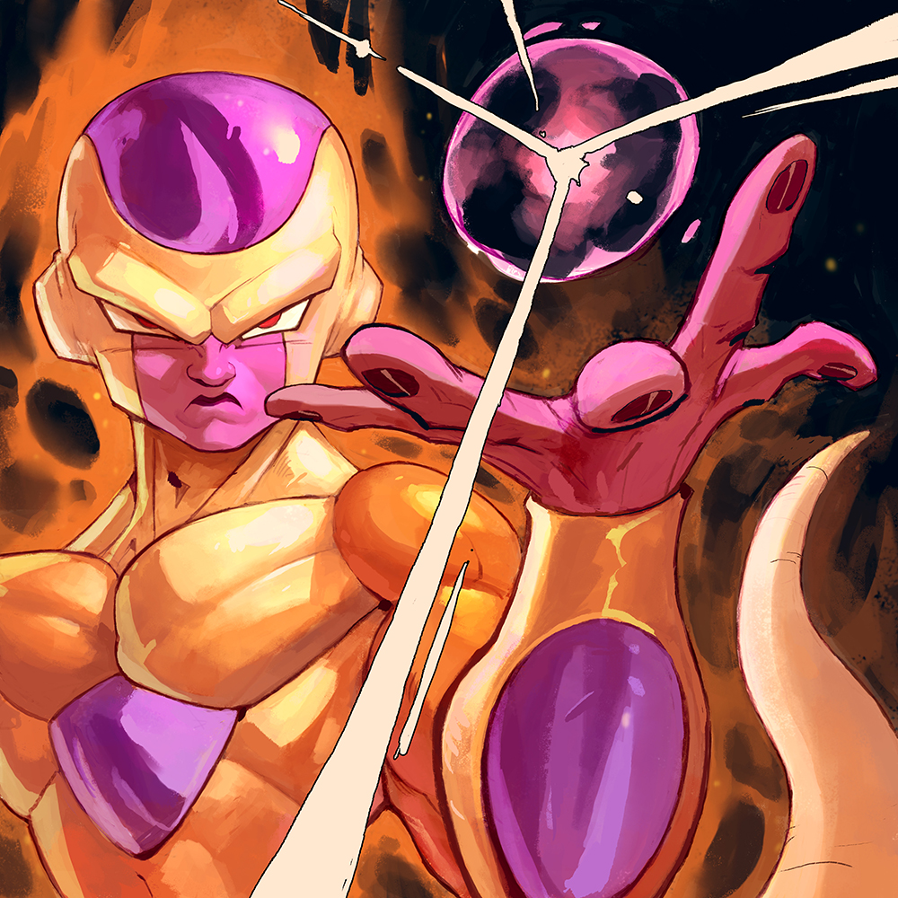 1boy alien aura bald black_background black_lips black_nails closed_mouth collarbone colored_skin dragon_ball dragon_ball_super energy_ball frieza furrowed_brow garrett_hanna gold_skin golden_frieza hand_up incoming_attack looking_at_viewer male_focus multicolored_skin no_eyebrows pectorals purple_skin red_eyes solo tail upper_body