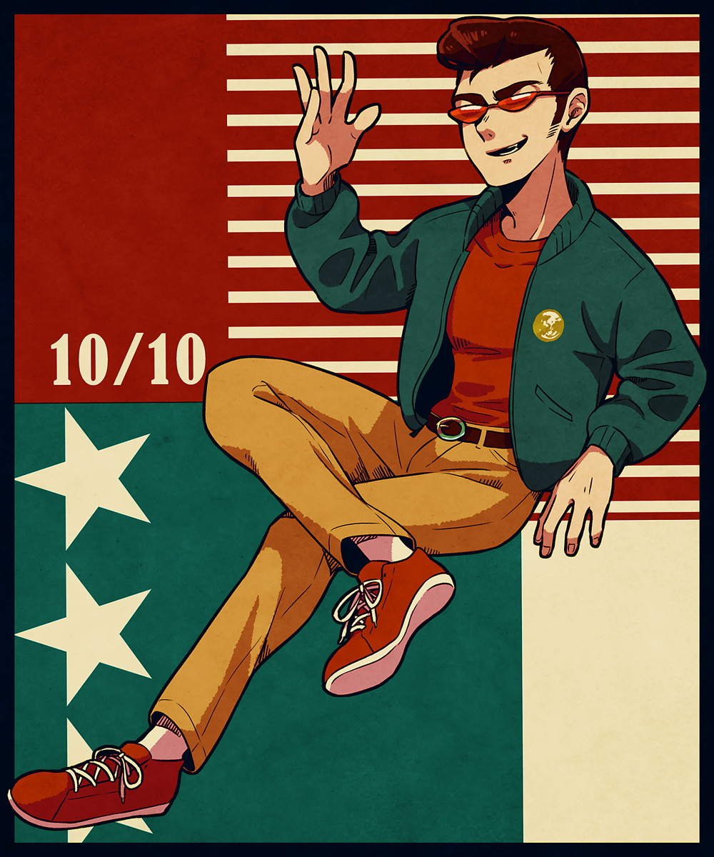1boy belt black_belt blue_jacket brown_pants dated grin highres invisible_chair jacket long_sideburns male_focus mother_(game) mother_1 pants pompadour red-tinted_eyewear red_footwear red_shirt shifumame shirt sideburns sideburns_stubble sitting smile solo teddy_(mother) tinted_eyewear