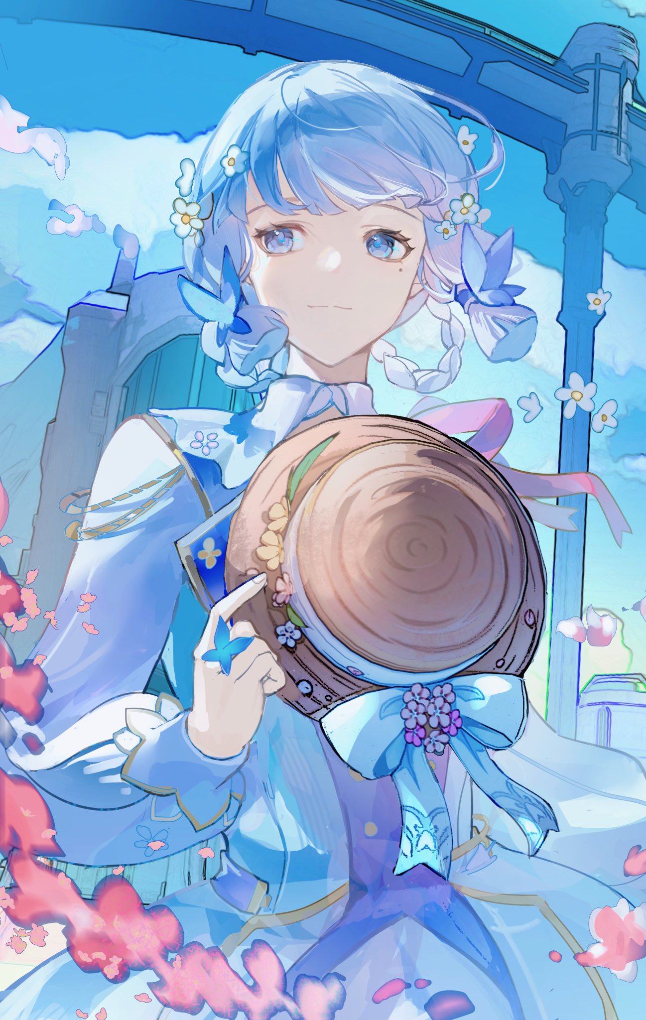 1girl blue_bow blue_dress blue_eyes blue_flower blue_hair blue_sky bow braid brown_headwear butterfly_hair_ornament buttons closed_mouth cloud cloudy_sky day dress fingernails floral_print flower genshin_impact gold_trim hair_flower hair_ornament hair_tubes hands_up hat hat_bow hat_flower hat_leaf hat_ornament highres holding holding_clothes holding_hat kamisato_ayaka kamisato_ayaka_(springbloom_missive) leaf long_sleeves looking_to_the_side miliya mole mole_under_eye official_alternate_costume official_alternate_hairstyle orange_flower outdoors petals pink_flower pink_ribbon puffy_long_sleeves puffy_sleeves purple_flower ribbon short_hair sky smile solo standing two-tone_dress unworn_headwear white_dress white_flower