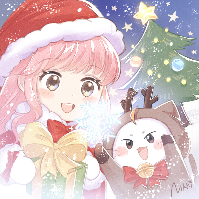 1girl animal_costume bell blush brown_eyes cat character_name christmas christmas_tree english_commentary gift gloves holding holding_gift long_hair looking_at_object miracle_nikki momo_(miracle_nikki) night night_sky nikki_(miracle_nikki) official_art open_mouth outdoors pink_hair red_ribbon reindeer_costume ribbon santa_costume shining_nikki sky snow snowflakes snowing star_(symbol) tree white_cat white_gloves