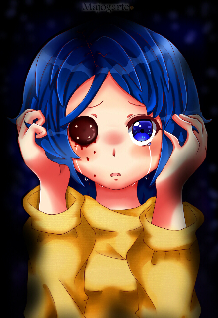 1girl blue_eyes blue_hair child coraline coraline_jones eyebrows female short_hair solo tears