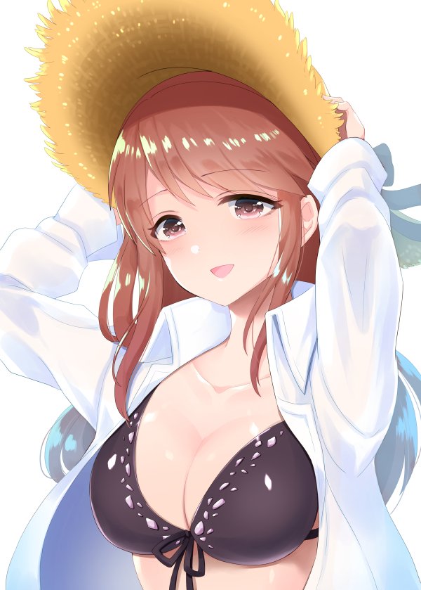 :d arms_up bangs black_bikini_top blue_hair breasts brown_eyes brown_hair cleavage collarbone dress_shirt front-tie_bikini front-tie_top hat idolmaster idolmaster_cinderella_girls large_breasts long_hair mifune_miyu multicolored_hair ohlala open_clothes open_mouth open_shirt shiny shiny_hair shirt simple_background smile solo straw_hat sun_hat swept_bangs two-tone_hair upper_body white_background white_shirt yellow_hat