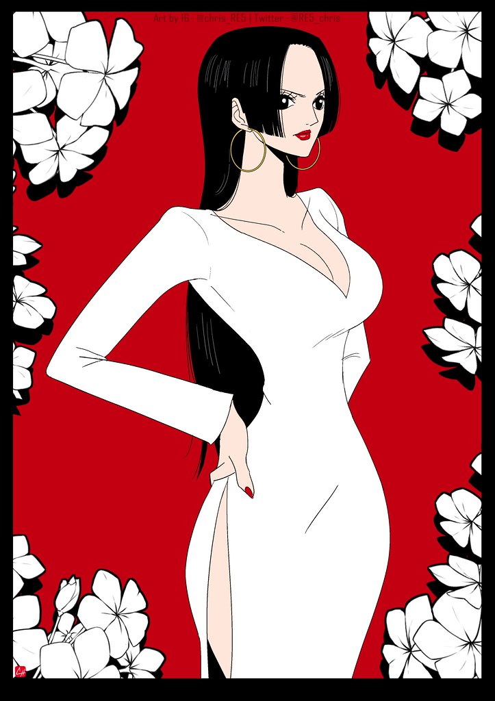 1girl black_border black_hair boa_hancock border chris_re5 commentary cowboy_shot dress flower hand_on_own_hip hime_cut instagram_username long_hair looking_to_the_side one_piece red_background red_lips red_nails solo twitter_username white_dress