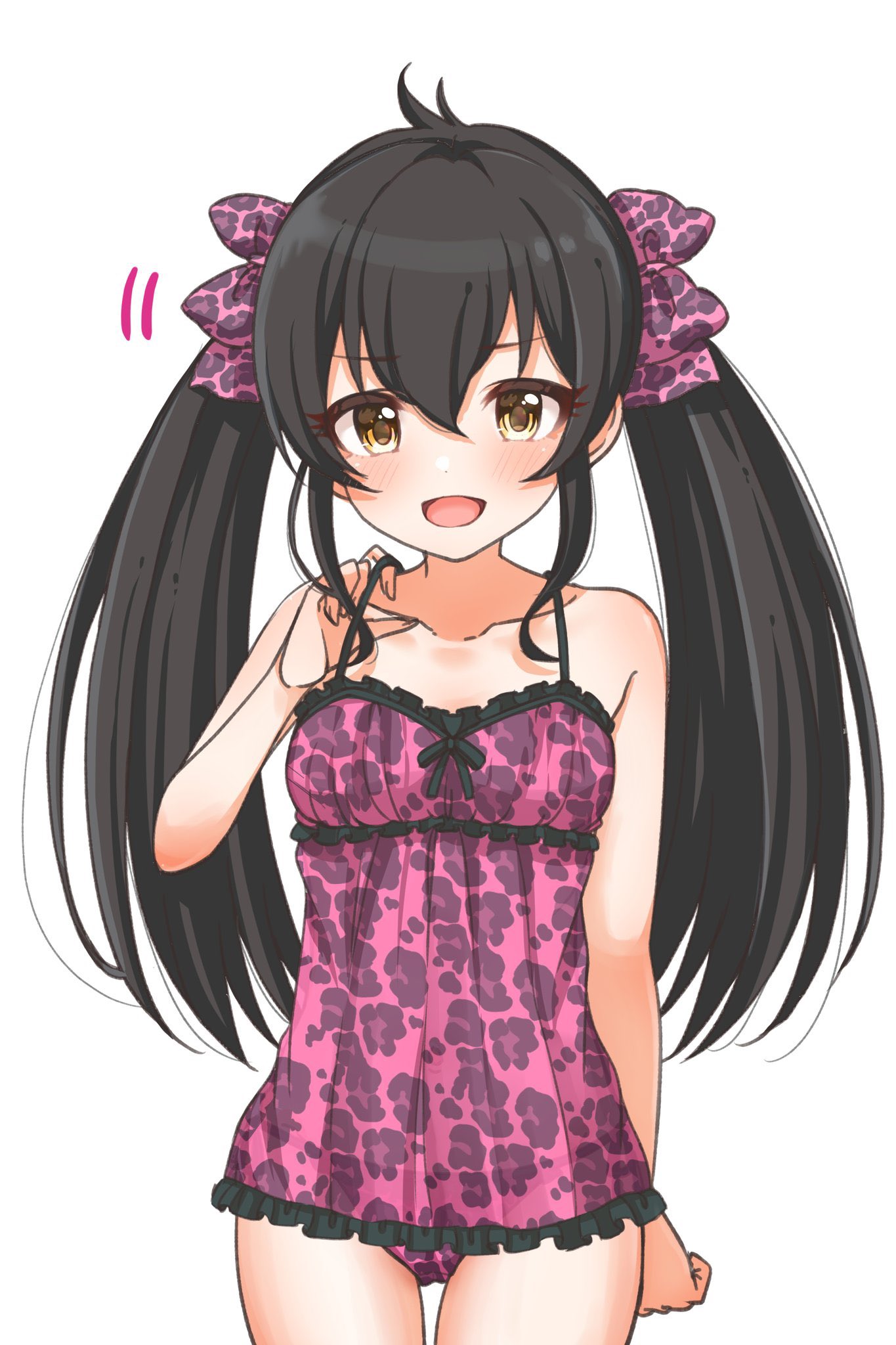 1girl black_hair bow camisole collarbone hair_bow highres idolmaster idolmaster_cinderella_girls long_hair mariabowl matoba_risa panties pink_camisole pink_panties simple_background solo strap_lift twintails underwear yellow_eyes