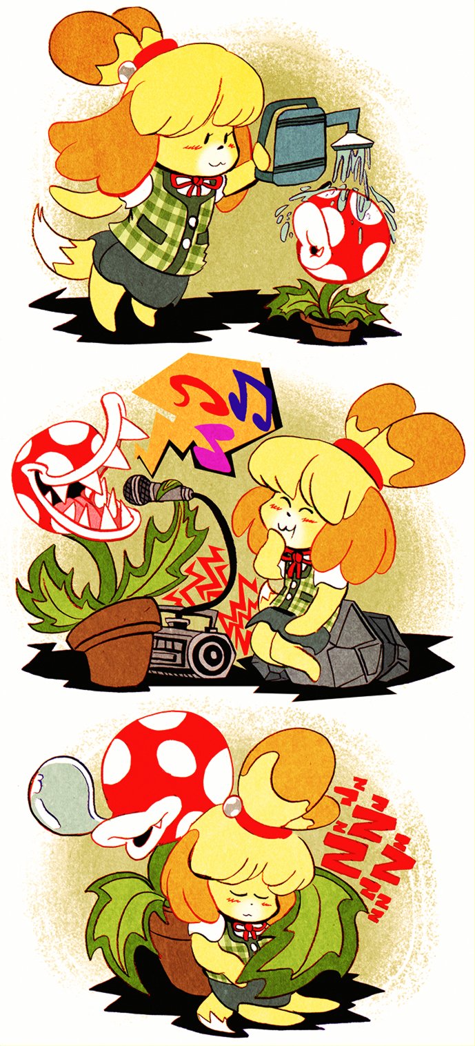bad_id bad_twitter_id beamed_eighth_notes blush boombox closed_eyes comic commentary crossover dog_tail doubutsu_no_mori eighth_note english_commentary floppy_ears hair_bobbles hair_ornament highres holding holding_microphone holding_watering_can hug leaf looking_at_another mario_(series) microphone mr.whatshisname musical_note nose_bubble open_mouth piranha_plant plant potted_plant red_neckwear red_ribbon ribbon sharp_teeth shizue_(doubutsu_no_mori) silent_comic sleeping spoken_musical_note super_mario_bros. super_smash_bros. super_smash_bros._ultimate tail teeth watering watering_can younger zzz