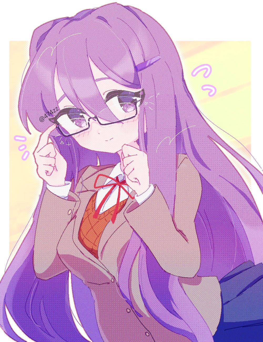 1girl anzen_robo_(474zz) blue_skirt breasts coat cowboy_shot doki_doki_literature_club glasses grey_coat hair_intakes hair_ornament hairpin highres large_breasts light_smile long_hair looking_to_the_side purple_eyes purple_hair school_uniform shirt skirt twitter_username very_long_hair white_background white_shirt yellow_background yuri_(doki_doki_literature_club)