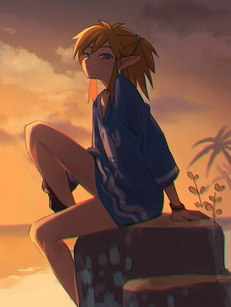 1boy beach blonde_hair blue_eyes blush brown_hair closed_mouth cloud earrings evening jewelry kokekokeimo link looking_at_viewer male_focus outdoors pointy_ears ponytail sitting sitting_on_tree_stump sky solo sunset the_legend_of_zelda the_legend_of_zelda:_tears_of_the_kingdom tree_stump tunic