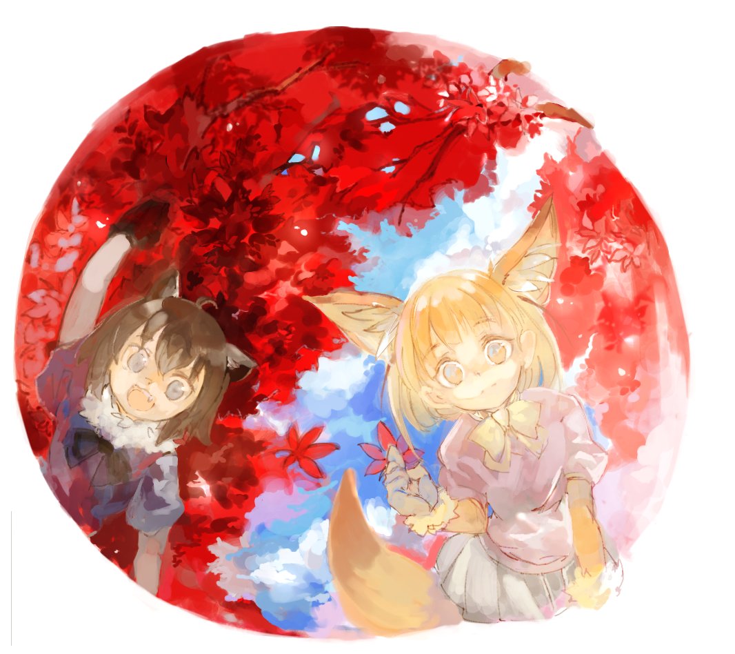 animal_ears arm_up blonde_hair bow bowtie clenched_hand commentary_request common_raccoon_(kemono_friends) elbow_gloves eyebrows_visible_through_hair fang fennec_(kemono_friends) fox_ears fox_tail fur_collar gloves grey_hair kemono_friends konabetate leaf multicolored_hair multiple_girls pleated_skirt puffy_short_sleeves puffy_sleeves raccoon_ears short_hair short_sleeves skirt tail
