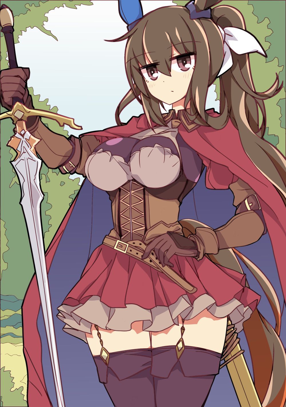 1girl admire_vega_(umamusume) alternate_costume animal_ears armor belt blue_sky breasts brown_corset brown_eyes brown_gloves brown_hair cape cleavage closed_mouth commentary_request corset ear_covers garter_straps gloves highres holding holding_sword holding_weapon horse_ears horse_girl horse_tail large_breasts long_hair looking_at_viewer outdoors petticoat pleated_skirt ponytail red_cape red_skirt sheath single_ear_cover skirt sky solo sword tail tree umamusume wahiko_(black_bastard) weapon white_belt
