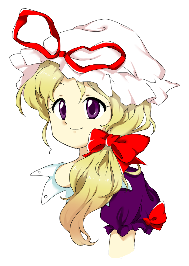1girl blonde_hair bow closed_mouth hair_bow hat hat_ribbon long_hair low_side_ponytail mob_cap nonamejd official_style puffy_short_sleeves puffy_sleeves purple_eyes red_bow red_ribbon ribbon short_sleeves side_ponytail simple_background smile solo touhou upper_body white_background white_headwear yakumo_yukari zun_(style)