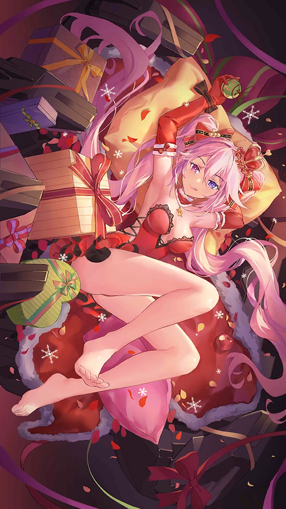1girl bare_legs bare_shoulders barefoot bow breasts choker christmas_ornaments christmas_present cleavage crown full_body gift gloves hair_bow heterochromia holding iron_saga long_hair lying mini_crown official_art pillow pink_hair purple_eyes slokai_(iron_saga) solo third-party_source tongue tongue_out twintails