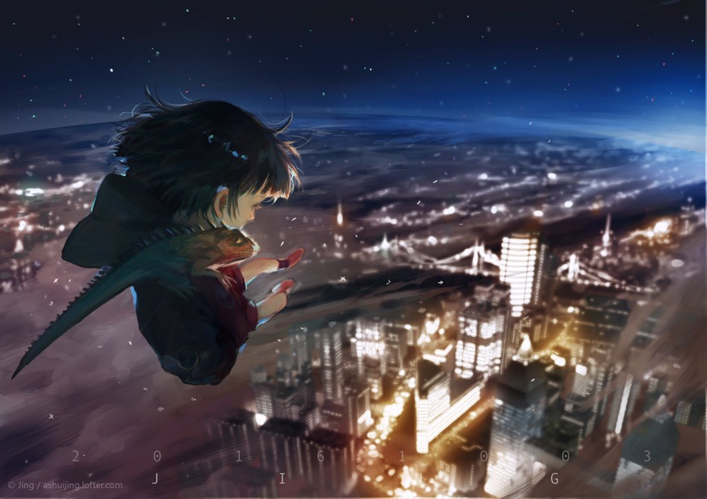 1girl animal_on_shoulder ankle_socks artist_name ashuijing black_hair black_hood black_jacket black_shirt black_sleeves black_socks blunt_bangs blunt_ends city cloud commentary dated eyelashes flying full_body hood hood_down hooded_jacket iguana jacket lofter_username long_sleeves looking_afar night night_sky open_clothes open_jacket original outdoors red_footwear red_shorts shirt shoes short_hair shorts sky sleeves_past_fingers sleeves_past_wrists socks solo star_(sky) starry_sky symbol-only_commentary