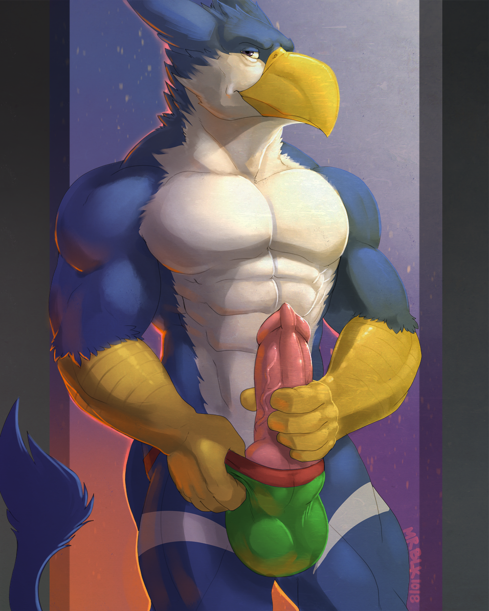 anthro avian bulge clothing dwalker erection gryphon knot looking_at_viewer male mostly_nude muscular muscular_male solo standing underwear vein