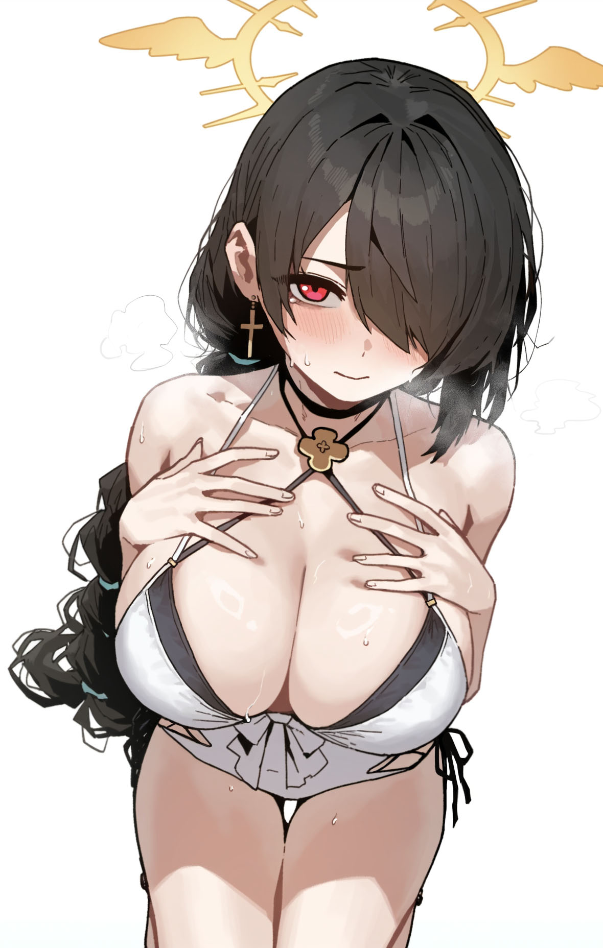 1girl black_hair blue_archive blush breasts cleavage cross cross_earrings earrings hair_over_one_eye halo hands_on_own_chest heavy_breathing highres hinata_(blue_archive) hinata_(swimsuit)_(blue_archive) jewelry large_breasts long_hair one-piece_swimsuit red_eyes semu_(zgom1251129) sweat swimsuit white_one-piece_swimsuit yellow_halo