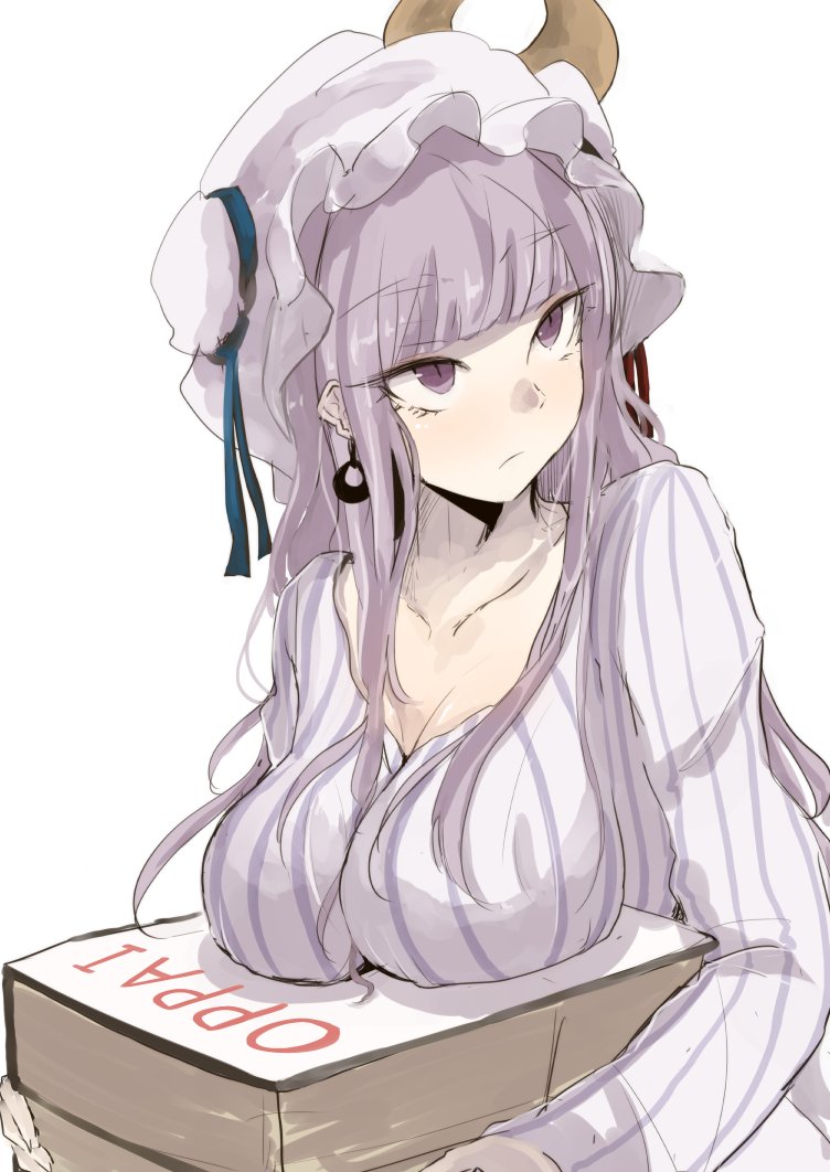 book book_stack breast_rest breasts closed_mouth collarbone commentary_request crescent crescent_hair_ornament dress earrings hair_ornament hat holding holding_book jewelry large_breasts long_sleeves looking_up mob_cap ne_kuro patchouli_knowledge purple_dress purple_eyes purple_hair purple_hat romaji simple_background solo striped striped_dress touhou upper_body white_background