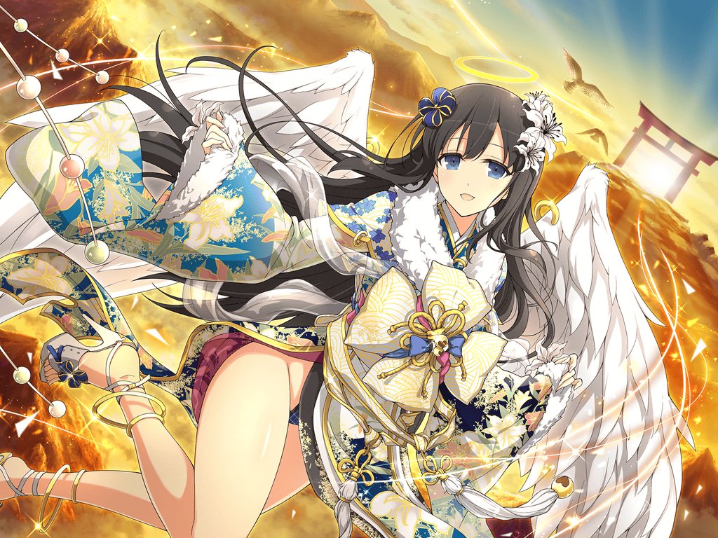 1girl angel angel_wings animal anklet bird black_hair blue_eyes blue_panties blue_sky blunt_bangs blush bow chest_bow chinese_knot feathered_wings feathers floating floating_object floral_print floral_print_kimono flower flying fur-trimmed_kimono fur_collar fur_trim gradient_sky groin hair_flower hair_ornament halo hawk heaven high_heels japanese_clothes jewelry kimono light_particles light_rays lily_(flower) long_hair looking_at_viewer mountain mountainous_horizon obi official_alternate_costume official_art open_mouth panties plaid plaid_panties ribbon ryouki_(senran_kagura) sash senran_kagura senran_kagura_estival_versus senran_kagura_new_link shiny_skin sky smile solo sparkle torii underwear white_footwear white_lily wide_sleeves wing_piercing wings yaegashi_nan yellow_halo yellow_sky