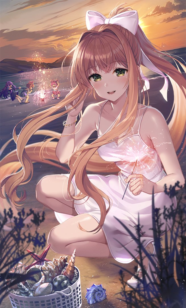 4girls basket bow breasts brown_hair clothes_grab doki_doki_literature_club dress fireworks hair_bow long_hair looking_at_viewer medium_breasts monika_(doki_doki_literature_club) mountain multiple_girls natsuki_(doki_doki_literature_club) open_mouth outdoors panicking pink_hair purple_hair sand satchely sayori_(doki_doki_literature_club) seashell shell smile sparkler sunset teeth upper_teeth_only white_dress yuri_(doki_doki_literature_club)