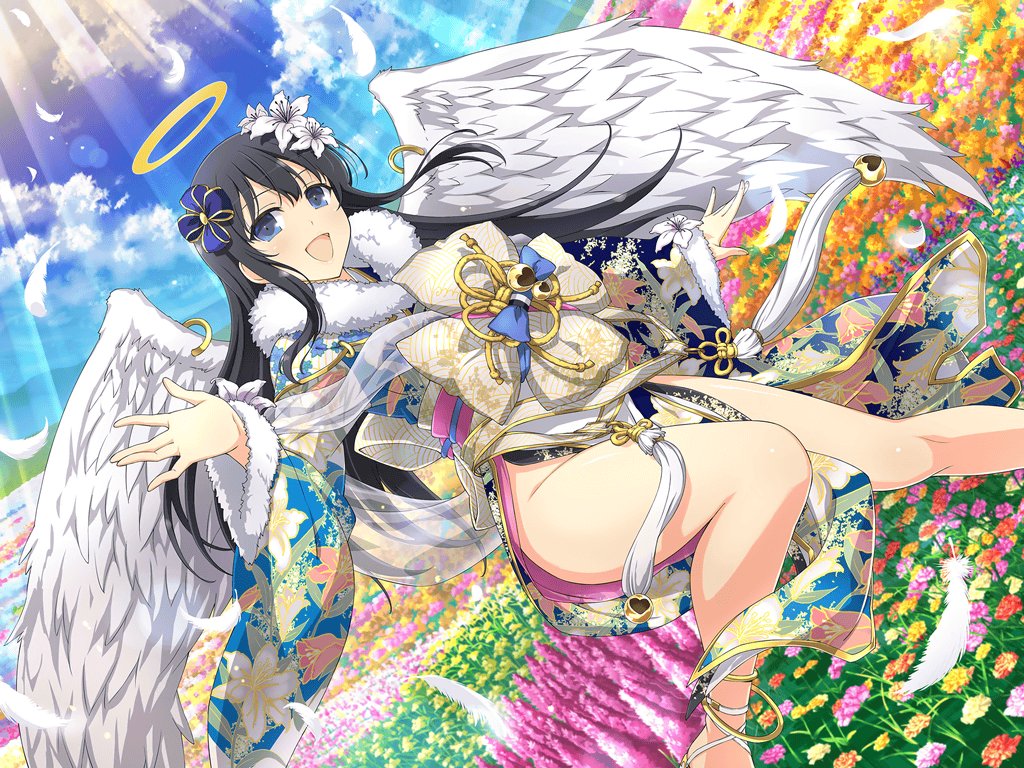 1girl angel angel_wings anklet black_hair blue_eyes blue_flower blue_panties blue_sky blunt_bangs blush bow chest_bow chinese_knot feathered_wings feathers field floating floating_object floral_print floral_print_kimono flower flower_field flying fur-trimmed_kimono fur_collar fur_trim gradient_sky grass groin hair_flower hair_ornament halo heart high_heels japanese_clothes jewelry kimono leaf light_particles light_rays lily_(flower) long_hair looking_at_viewer mountain mountainous_horizon obi official_alternate_costume official_art open_mouth orange_flower panties pink_flower plaid plant red_flower ribbon ryouki_(senran_kagura) sash senran_kagura senran_kagura_estival_versus senran_kagura_new_link shiny_skin sky smile solo sparkle tassel underwear white_footwear white_lily wide_sleeves wing_piercing wings yaegashi_nan yellow_flower yellow_halo