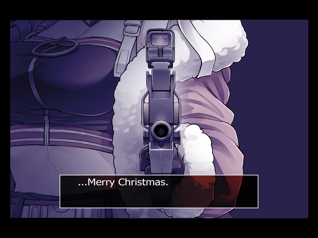 1girl ace_attorney breasts bullpup cleavage coat commission english_commentary english_text fur-trimmed_coat fur_trim girls'_frontline gun holding holding_gun holding_weapon meme merry_christmas official_alternate_costume p90 p90_(girls'_frontline) p90_(scarlet_turbo)_(girls'_frontline) parody pixiv_commission pointing pointing_at_viewer red_coat senpaihawkkun solo submachine_gun weapon