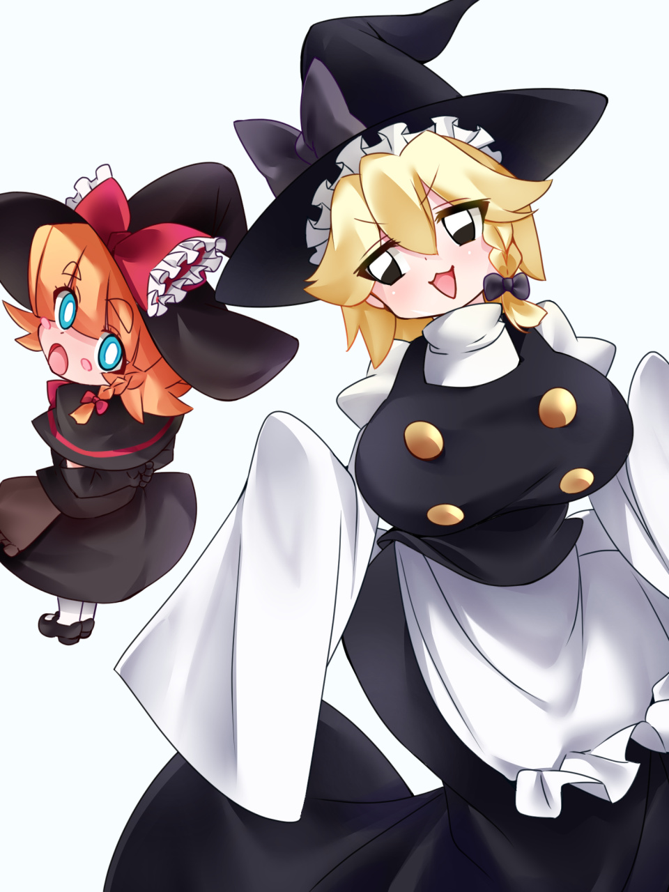 2girls apron black_capelet black_eyes black_gloves black_headwear black_skirt black_vest blonde_hair blue_eyes blush blush_stickers bow braid breasts bright_pupils buttons capelet commentary_request cookie_(touhou) dairi_(20xw4xcge113436) eyes_visible_through_hair frilled_bow frilled_hat frills full_body gloves hair_between_eyes hair_bow hat hat_bow highres kirisame_marisa large_breasts long_skirt looking_at_viewer looking_back medium_bangs meguru_(cookie) multiple_girls open_mouth red_bow shirt short_hair simple_background single_braid skirt skirt_set sleeves_past_fingers sleeves_past_wrists smile standing thick_eyebrows touhou turtleneck v-shaped_eyebrows vest waist_apron white_apron white_background white_pupils white_shirt witch_hat yuuhi_(cookie)