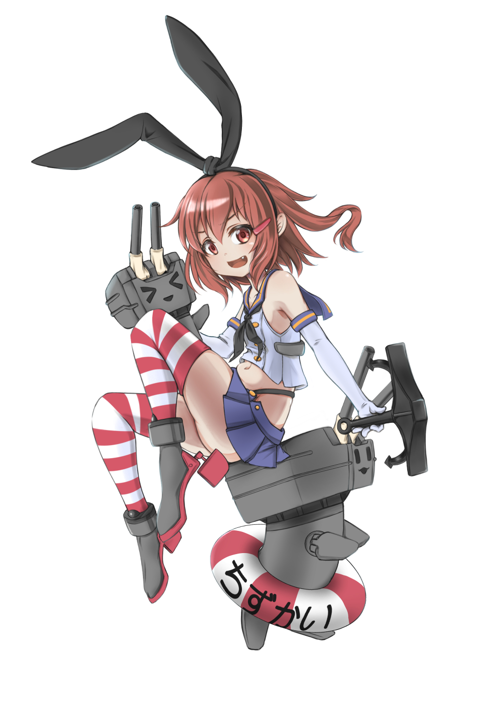 1girl anchor black_hairband black_neckerchief black_panties blue_sailor_collar blue_skirt brown_eyes brown_hair cosplay crop_top elbow_gloves fang gloves hair_ornament hairband hairclip highleg highleg_panties highres holding holding_anchor ikazuchi_(kancolle) kantai_collection looking_at_viewer microskirt neckerchief ocean open_mouth outdoors panties pleated_skirt rensouhou-chan sailor_collar shimakaze_(kancolle) shimakaze_(kancolle)_(cosplay) short_hair simple_background skirt smile solo striped_clothes striped_thighhighs tetsuryuu thighhighs thong underwear white_background white_gloves