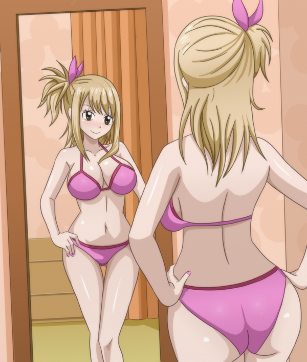 1girl ass blonde_hair blush bra breasts cleavage fairy_tail gluteal_fold hair_ornament hand_on_hips large_breasts lucy_heartfilia midriff mirror navel panties pink_bra pink_panties smile solo thigh_gap underwear