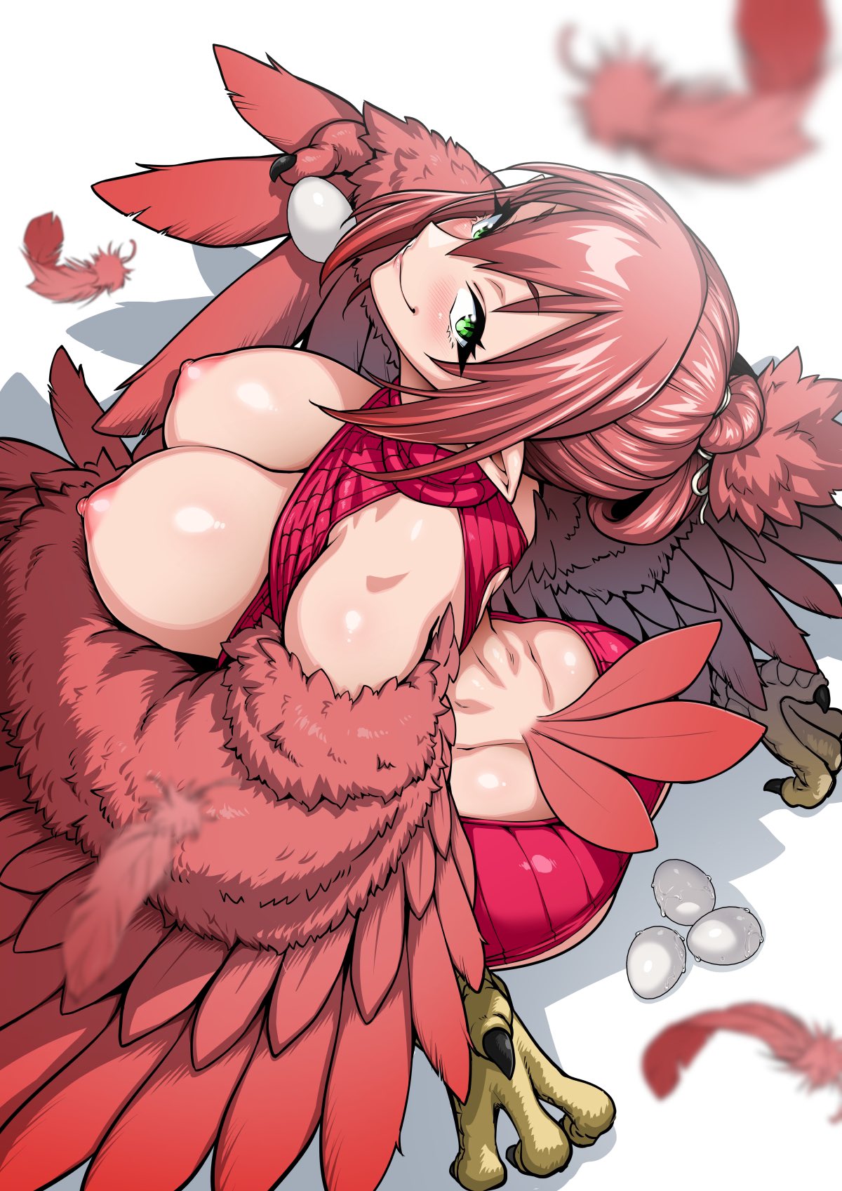 1girl ass bird_legs bird_tail blush breasts breasts_out claws commentary_request egg feathered_wings feathers green_eyes hair_between_eyes hair_up harpy highres holding holding_egg jun_(rojiura_jack) kneeling large_breasts long_hair looking_at_viewer meme_attire monster_girl nipples original pink_feathers pink_sweater pink_wings pointy_ears smile solo sweater tail virgin_killer_sweater winged_arms wings