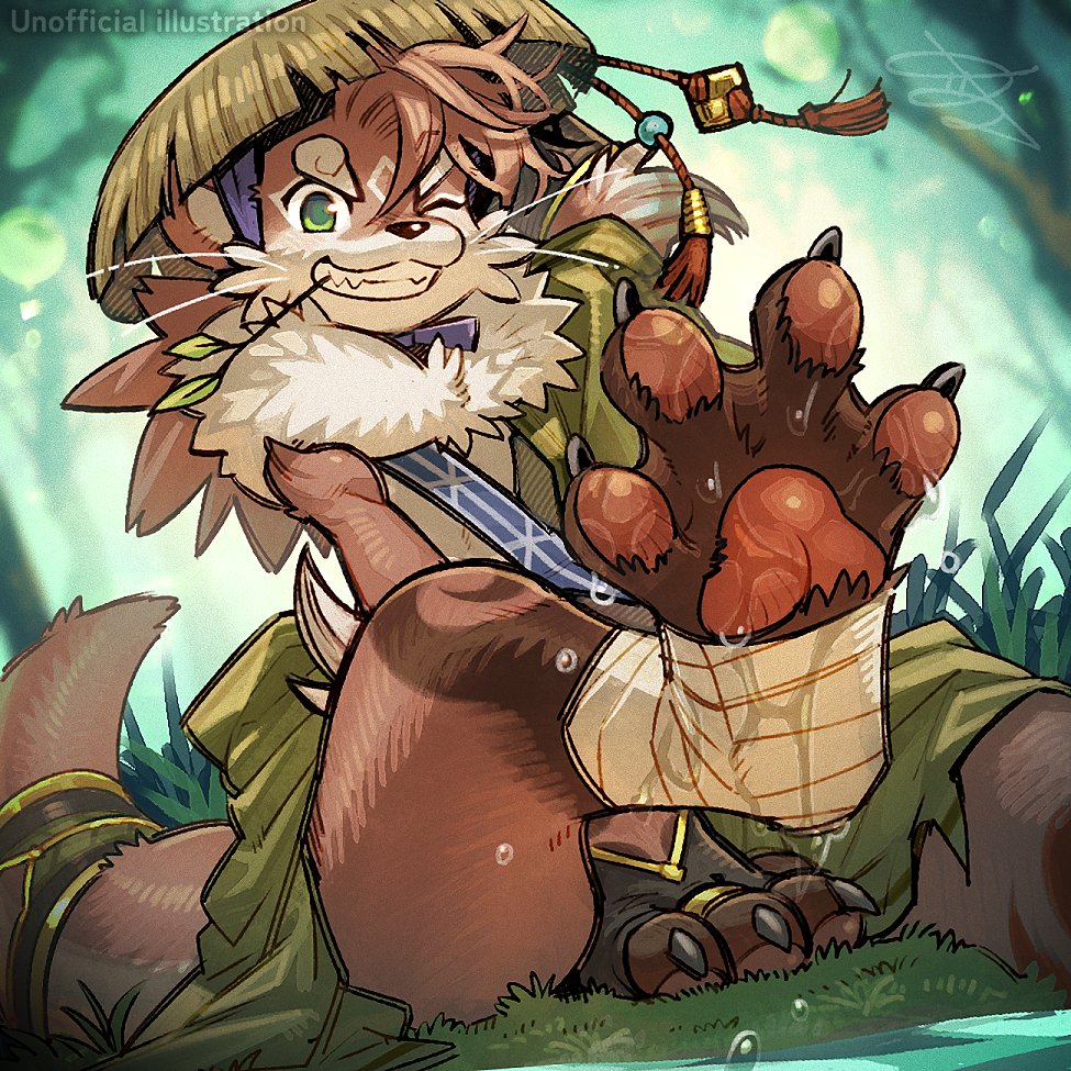 1boy animal_ears bandaged_foot bandages barefoot claws commentary_request english_text fingerless_gloves foot_up forest furry furry_male gloves green_eyes hat looking_at_viewer male_focus mouth_hold nature on_grass one_eye_closed otter_(housamo) otter_boy otter_ears otter_tail pawpads signature sitting stalk_in_mouth straw_hat tail tokyo_afterschool_summoners water water_drop wet whiskers yamainuken