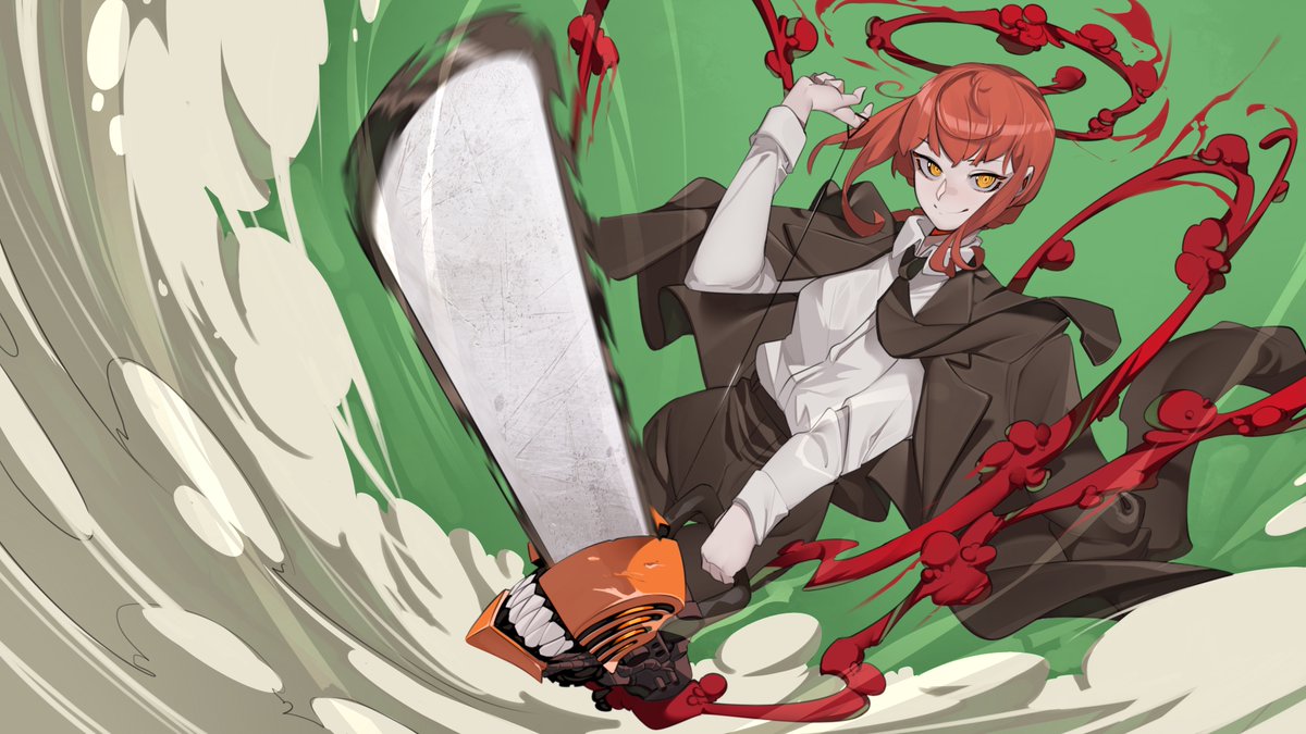 black_necktie black_pants blood_halo braid braided_ponytail business_suit chainsaw chainsaw_man collared_shirt dust_cloud formal freakedfleapit green_background high-waist_pants holding holding_chainsaw makima_(chainsaw_man) necktie pants pull_cord red_hair shirt shirt_tucked_in standing suit weapon wind yellow_eyes
