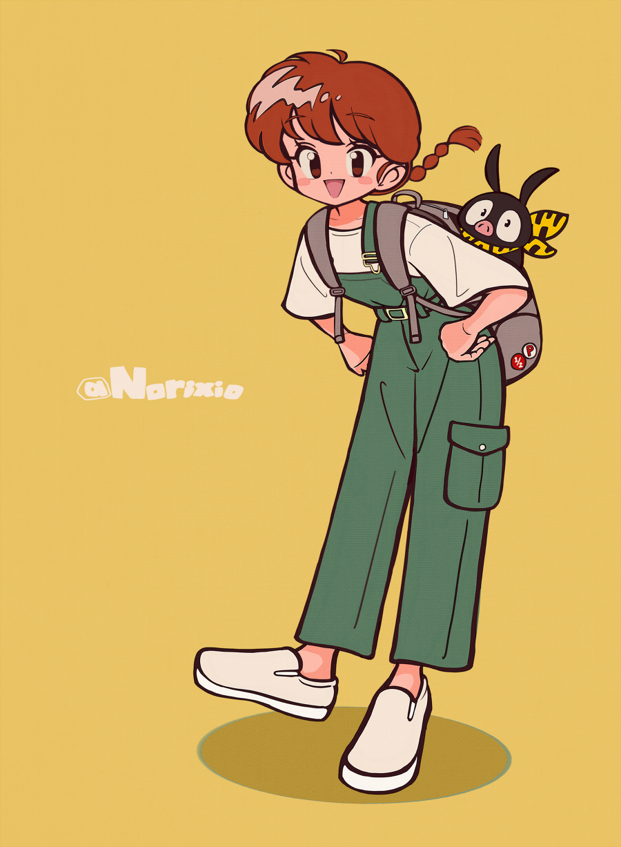 1girl artist_name backpack bag bandana blush_stickers green_overalls hairband happy highres norixio open_mouth p-chan pig ranma-chan ranma_1/2 red_hairband shadow twitter_username white_footwear yellow_bandana