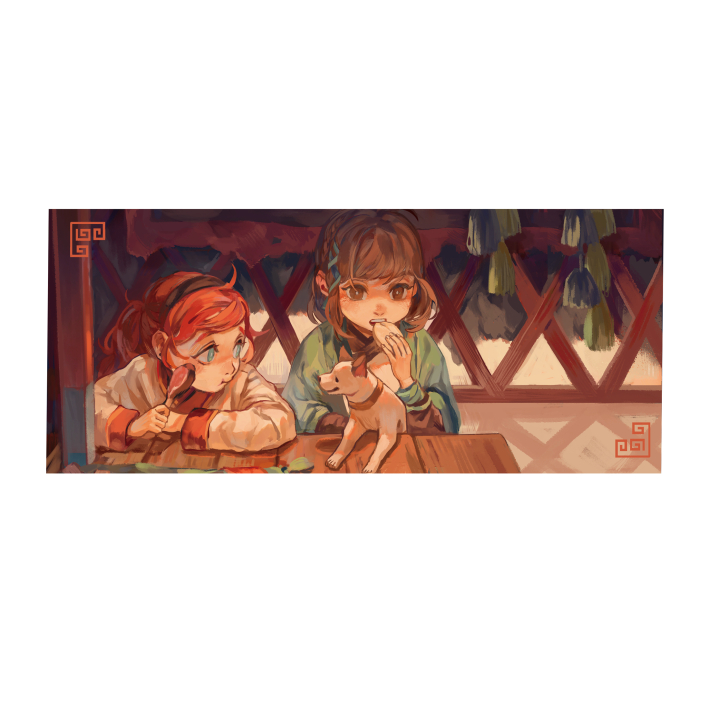2girls arms_on_table black_collar black_hairband blue_eyes blue_ribbon brown_eyes brown_hair chinese_clothes chinese_commentary closed_mouth collar collared_shirt commentary_request dog eating eyelashes food food_request green_shirt green_sleeves hair_ribbon hairband holding holding_food holding_spoon hong_(hong11117) indoors light_smile long_hair long_sleeves looking_at_animal multiple_girls open_mouth original ponytail railing red_hair ribbon shirt short_hair spoon table tassel teeth tress_ribbon upper_body upper_teeth_only white_background white_shirt white_sleeves