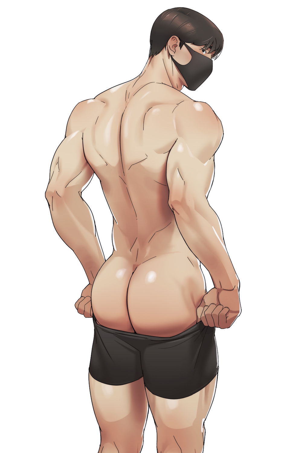 1boy ass back bara black_hair black_male_underwear highres looking_at_viewer male_focus male_underwear male_underwear_pull mask mouth_mask muscular muscular_male naoki_(xhju8282) original short_hair simple_background solo thick_thighs thighs underwear white_background